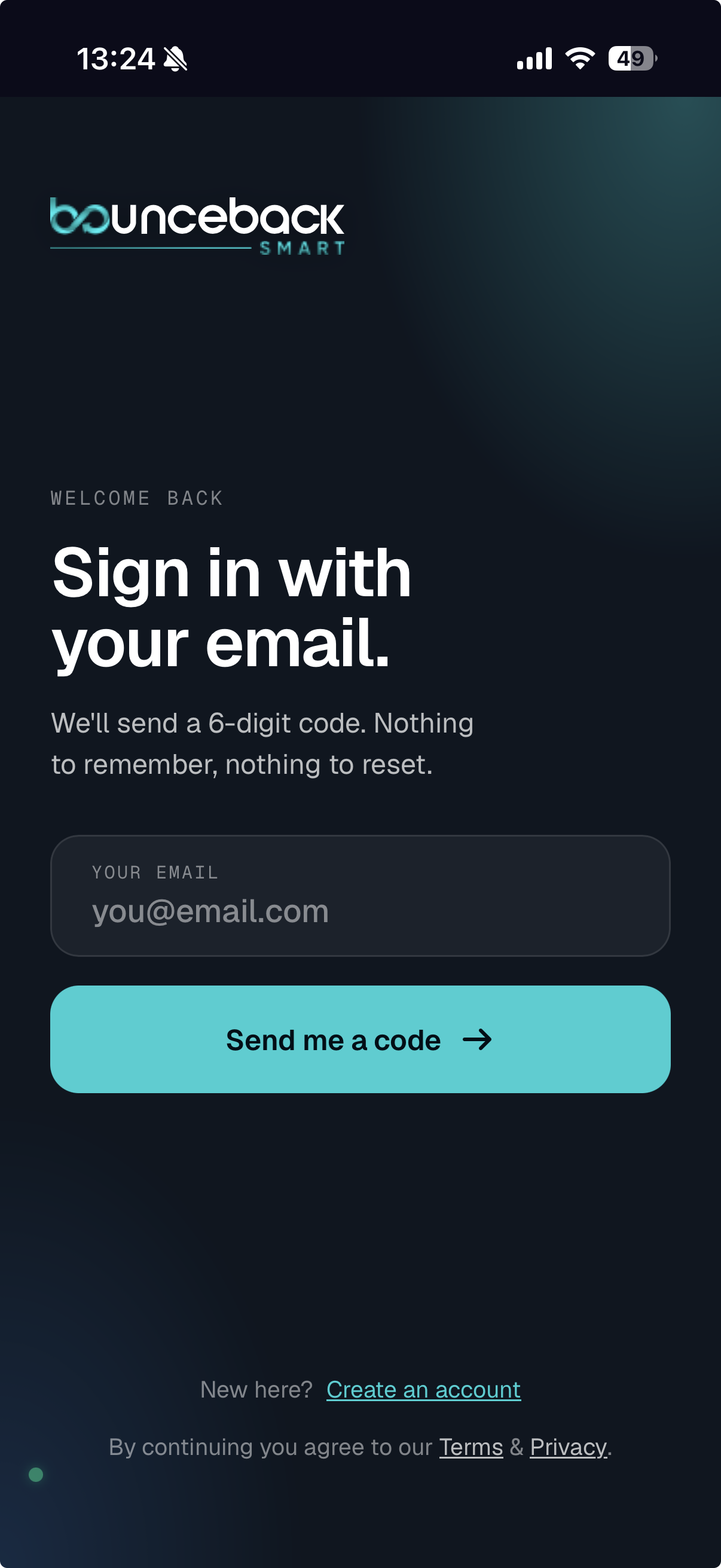 Bounce Back Smart sign-in screen